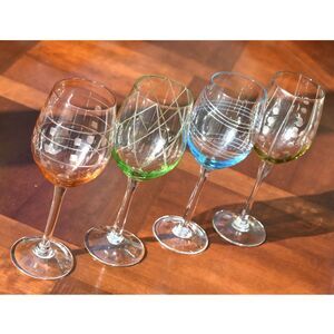 Set of 4 Laura Glass Allegro Colored Crystal Wine Glasses Hand Blown Multicolor